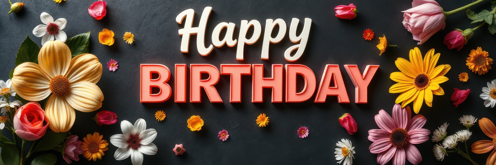 Colorful flower arrangement with happy birthday greeting on a dark background for celebration